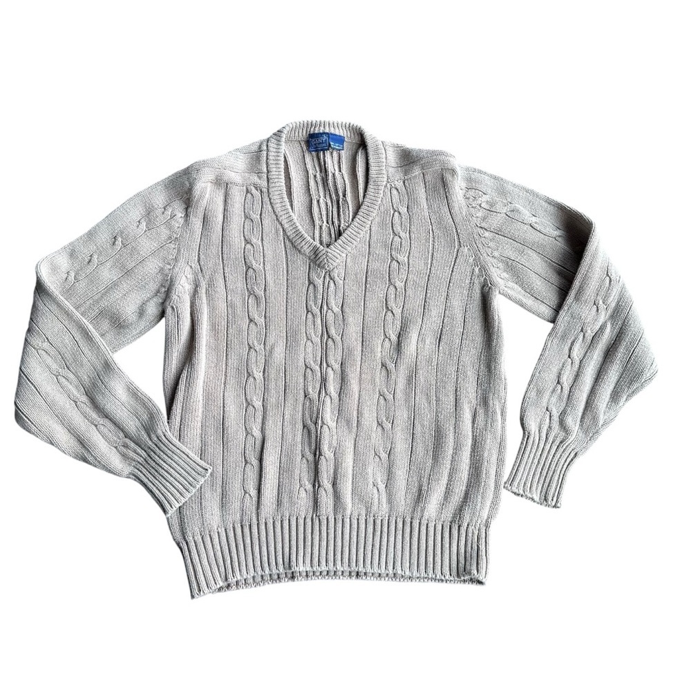 Vintage Men’s Gant Rugger V Neck Cableknit Sweater Size Large Tan Fisherman